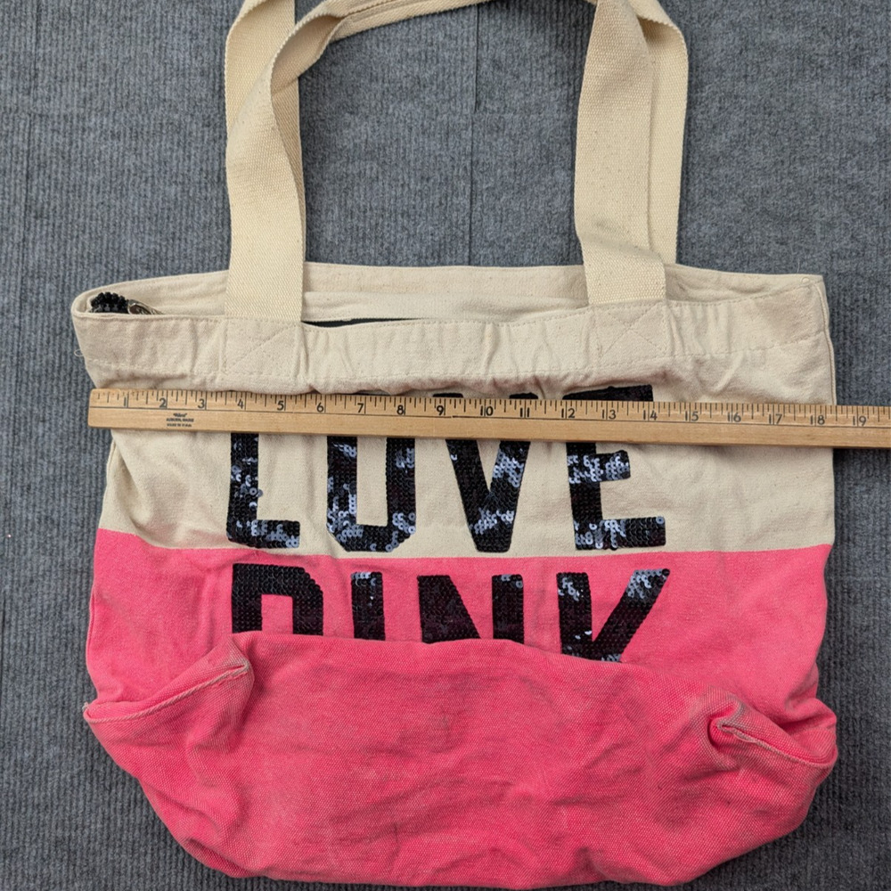 Vintage Victorias Secret Love Pink Canvas Tote Bag Sequin Y2K Preppy Carryall - Picture 6 of 8